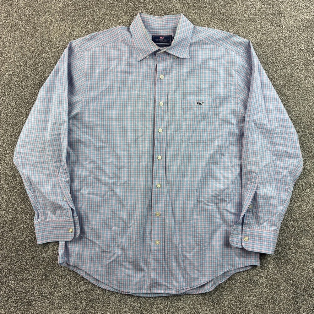 Vineyard Vines Tucker Shirt Mens Large Blue Pink Plaid Cotton Button Down